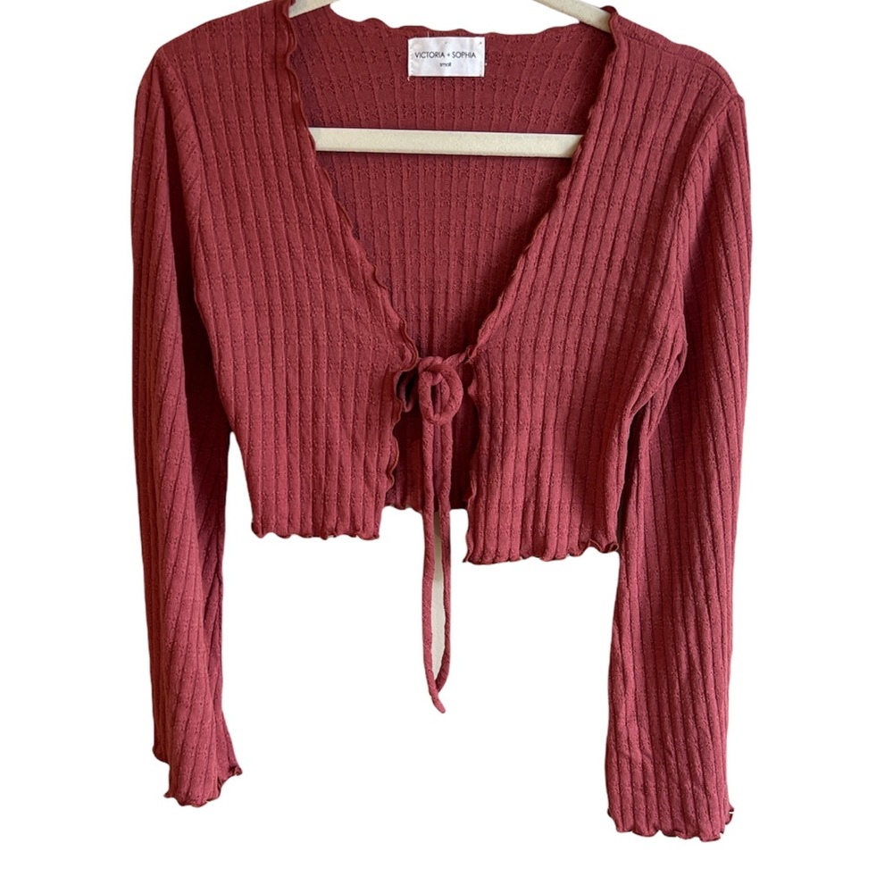Victoria + Sophia Cropped Cardigan Womens Terracotta Tie-Front Sweater Size S